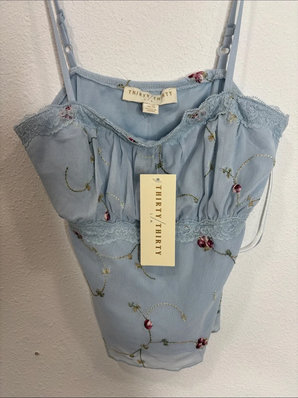 Thirty/Thirty XS Sky Blue Floral Embroidered Lace Cami